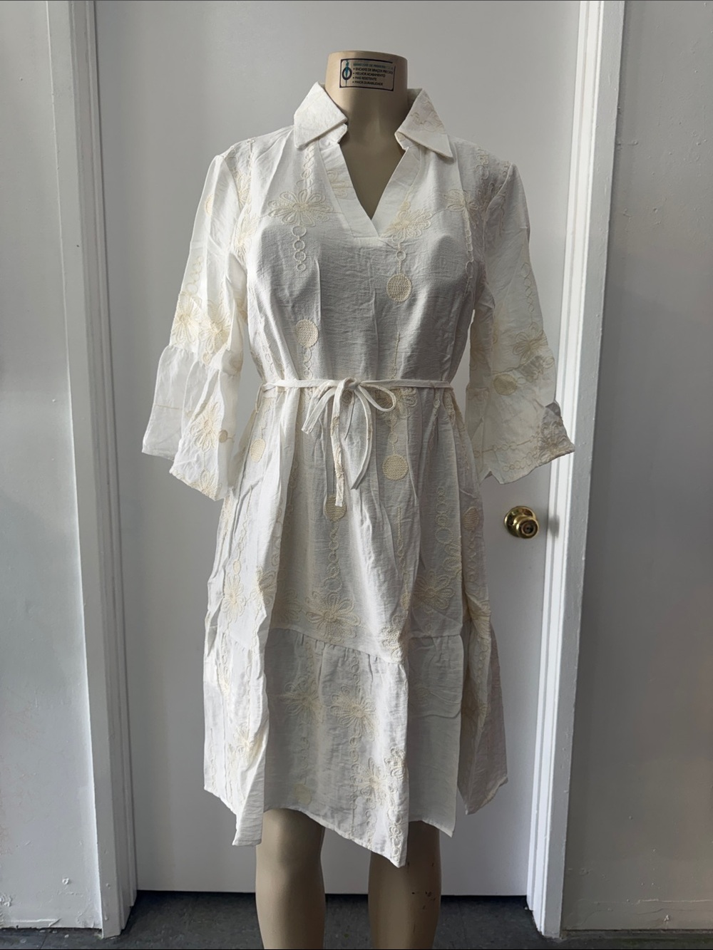 White Embroidered Midi Dress with Tie Waist in Cream and White